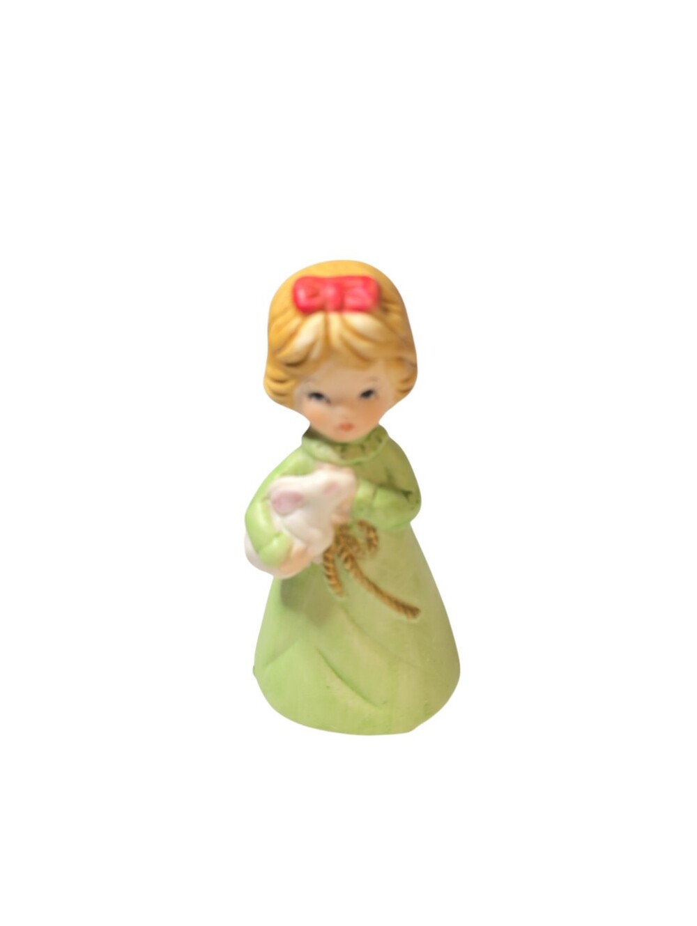 Vintage 1978 Jasco Girl in Green Dress Holding Bunny Rabbit Ceramic Bell